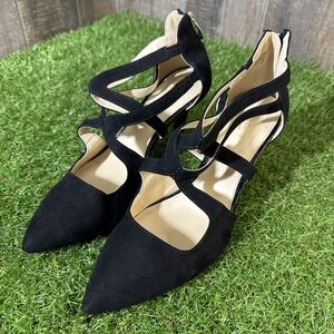 Liz Claiborne Helen Black Suede Heels Size 10M Memory Foam Cutout Zip Pumps